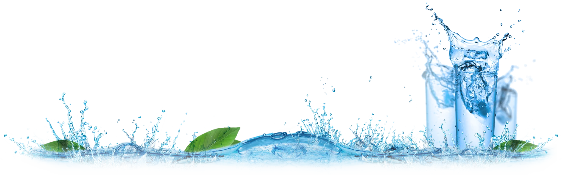 Чиста вода — бризки, склянка та зелене листя