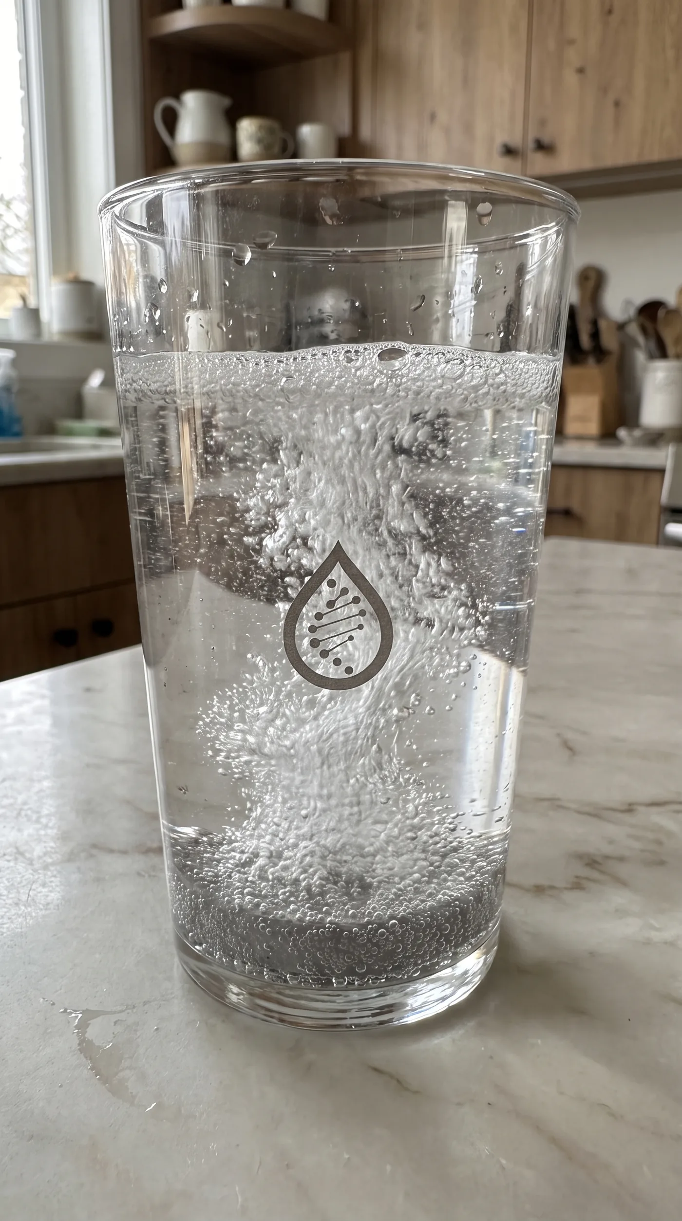 Водневий диск Living Aqua у склянці води — бульбашки молекулярного водню H₂