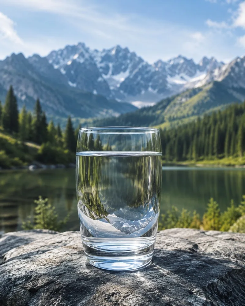 Склянка водневої води на тлі гірського озера